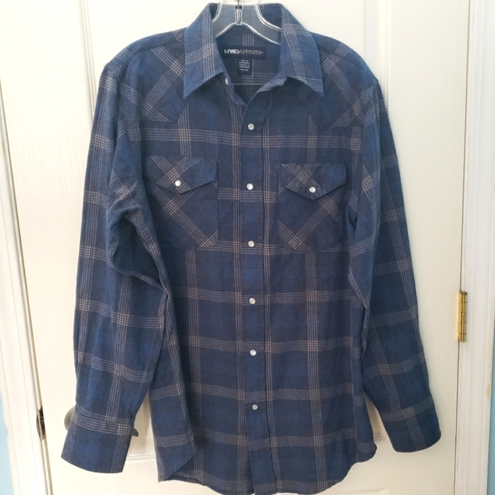 MWG Western Blue Pearl Snap Shirt Plaid Flannel Mens Medium
